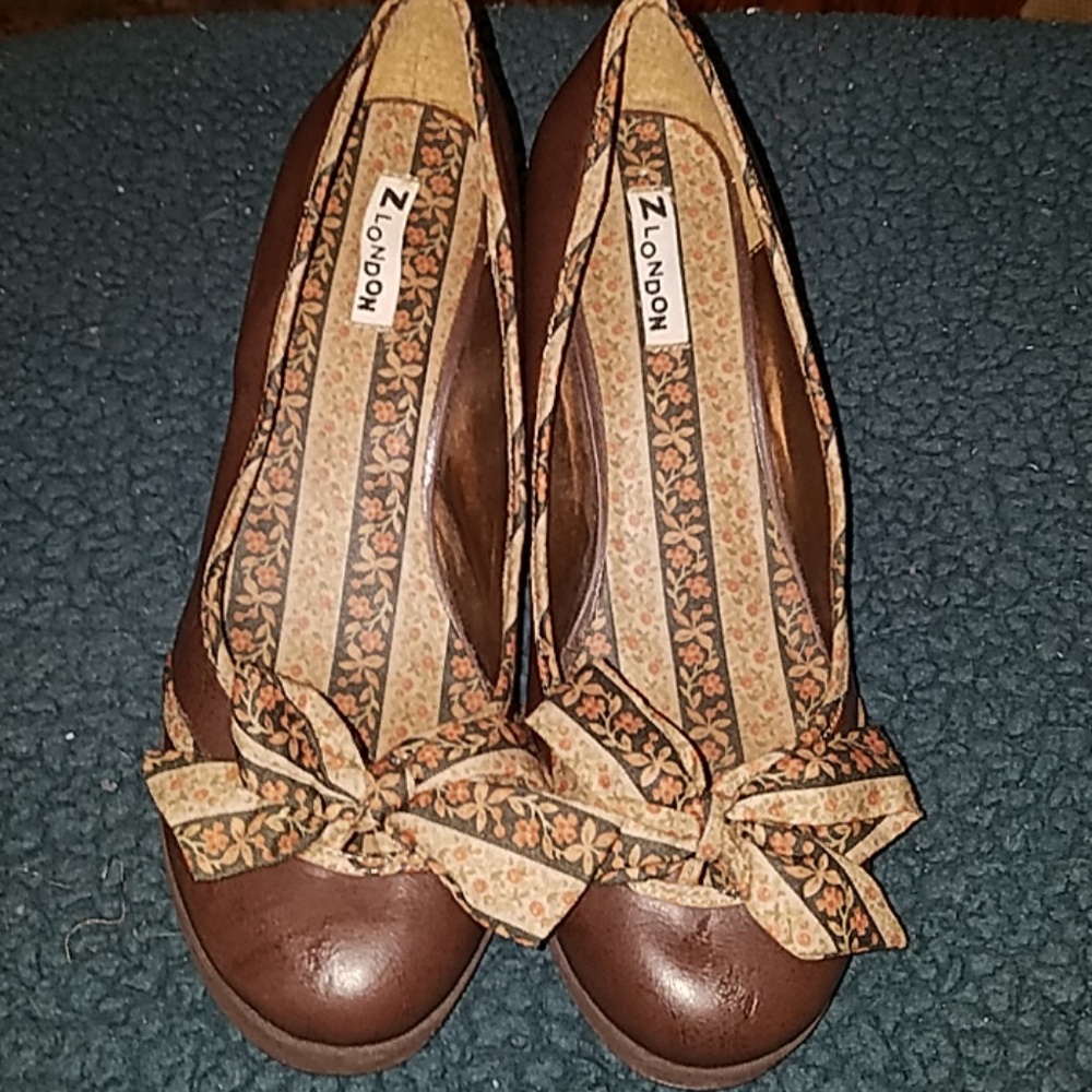 brown wedges with vintage inspired floral detail